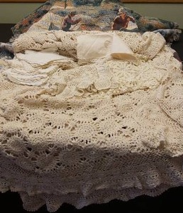lot 35 image: Vintage Dresser Table-Top Crocheted Linen Textile, Goodwin Weavers 100% Cotton Throw Two Men Canoeing Scene Blanket...