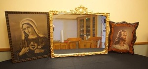 lot 40 image: Vintage Gilt Mantle Mirror Wall Art DeCor Framed Sacred Heart Virgin Mary Madonna Vintage Print, Lacquered Jesus Print on Wood...