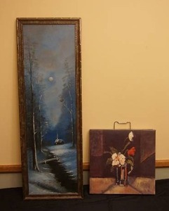 lot 43 image: Art on Canvas Signed Oil Painting Cabin in the Woods, Rebecca Burton Oleograph() Floral Vase Intense with White...