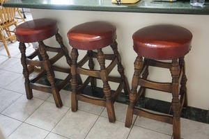 lot 46 image: (3) Pub Farm House Styled Phoenix 527-S Clavos Upholstery Tacked Seat Low Oak Bar Counter Stools...