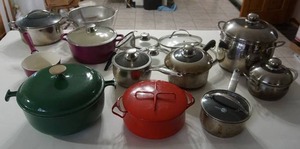 lot 60 image: The Kitchen Cupboard...Pots and Pans By Le Creuset France, Cast Iron, 1960s Dansk Kobenstyle Enamel Stockpot by Jens Quistgaard, Green Pan Etc.