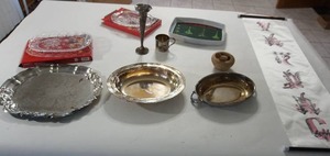 lot 67 image: The Buffett Cupboard...Silver Serving Dishes, 847 Rogers Bros., Wood Mortar and Pestle, Asian Scroll Art...