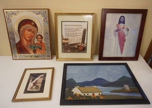 lot 100 image: Archangel Gifts, DeCor & More...Holy Virgin Theotokos of Kazan Orthodox Wooden Crystals Icon, Framed Religious Prints Etc.
