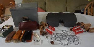 lot 137 image: Vintage Shoe Cleaning Kit and Supplies, Comfort Seat Cushion, Closet Tie-Hangers Etc.