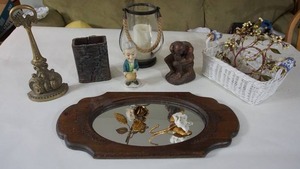 lot 141 image: Home DeCor and More...Dorchester Square Antique Brass Doorstop, Statue, Pottery, Basket wDelff Handles, The Thinker Bronzed...