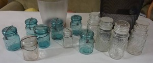 lot 142 image: Vintage Blue Clear Pint Canning Jars wLids, Mr. Peanut Collectible Jars...