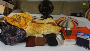 lot 143 image: Vintage Afghan, Throw Pillow, Cathedral Crusaders Banner, Lap Serving Tray, Honeywell Fan...