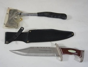 lot 161 image: Rambo 3 Style Hunting Knife First Blood Part III Outdoor Survival Hunting Wooden Inlaid Handle Mega Cult Bowie Knife wLeather Sheath, Camping Hatchet Axe