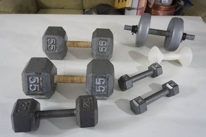 lot 164 image: Cast Iron Dumbbell 55-lb. 20-lb. 5-lb. Hex Weights and More...