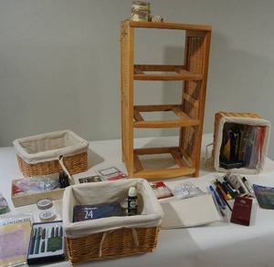 lot 172 image: Art & Craft Supplies 3-Tiered Wood Storage Shelf, Baskets, Brushes, Markers and More...
