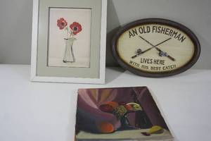 lot 176 image: Wall DeCor...Framed Art Of Anemones Flowers, Still-Life Canvas Art Fruit and Wine, An Old Fisherman Lives Here With His Best Catch Wooden Nostalgic Wall Plaque