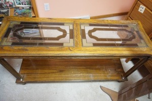 lot 202 image: Vintage Furniture...Stained Glass Style Top Credenza Sofa Back Oak Table, 3-ft Pine Heart Wall Coat Rack Shelf