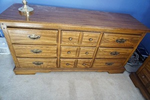lot 209 image: Huntley Furniture By Thomasville Bedroom Nine-Drawer Dresser, Mirror and Lamp...Smoke-Free Home