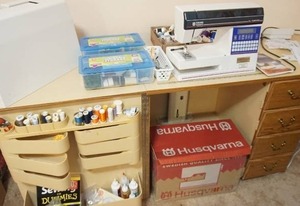 lot 215 image: Husqvarna Viking 400 Computer Sewing Machine, Cabinet and Contents THIS IS LOCATED ON the lower LEVEL Please bring your helpers