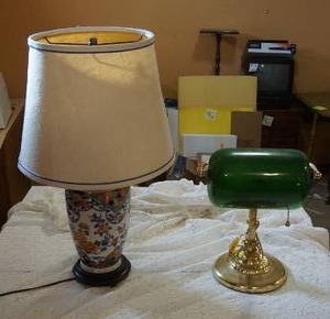 lot 232 image: Lighting...Japanese Imari Table Lamp, Bankers Desk Lamp, Doily...