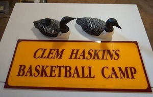 lot 233 image: Clem Haskins Basketball Camp Heavy Plastic Acrylic Sign, Ceramic Duck Family...