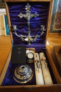 lot 234 image: Antique Traveling Sick Call Wood Box Last Rites Case Religious Candelabra Vintage Shrine Catholic...