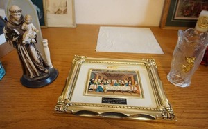 lot 236 image: Archangel Books & Gifts...St. Anthony Statue, Last Supper Framed Montefiori Collection Italy, Lead Bohemian Crystal Glass Candle Chimney W Gold Angel Emblem 7 Tall