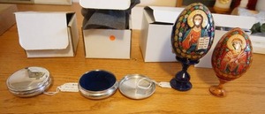 lot 237 image: Archangel Books & Gifts...RARE...Russian Orthodox Wooden Egg Christ The Teacher and Mother of God Seven Arrows, Valley Falls Pewter Rosary Compact