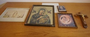 lot 240 image: Archangel Books & Gifts...RARE Vintage Our Lady Queen of Missions By J. Watson Davis Portrait Chromolithograph(), Antique Signed Puccinelli Our Lady of Perpetual Help Virgin Mary & Jesus, Vintage Wooden Last Rights Box Brass Crucifix INRI...