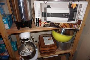 lot 265 image: Home Essentials...KitchenAide Mixer, West Bend 42 Cup Coffee Urn, Copper Trays Etc.