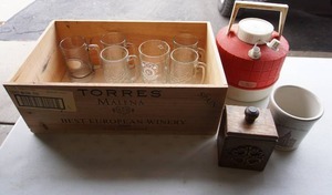 lot 290 image: Wood Crate Box TORRES MALENA SPAIN BEST EUROPEAN WINERY, Glass Mugs, Vintage Thermos One Gallon Picnic Jug Red & White Etc.