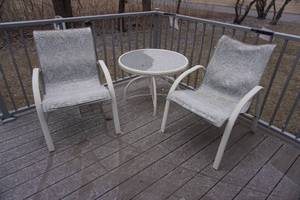lot 305 image: Outdoor Patio Round Side-Table and Two Arm Chairs