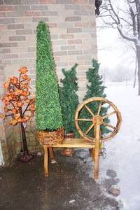 lot 320 image: Holiday DeCor...Christmas Pine Trees, Halloween Fall Autumn Lighted Tree, Boxwood Topiary Artificial Potted Tree, Spinning Wheel Planter