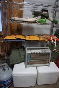 lot 325 image: Hunting Fishing...Life Jackets Vests, Tarp, Marvin Heater, Portable Propane Tank, Fogger...