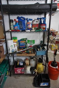 lot 334 image: Contents of Shelf Including Lawn and Garden Supplies, Miracle-Gro, Round-Up, Cutter, Bayer Advanced Etc.
