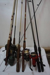lot 361 image: Fishing-Whole Lot of Fishing Rods...Vintage Zebco 1070 Pole 202 Reel Cork, Zebco 201, ABU GARCIA CARDINAL 353 SPINNING FISHING REEL, Shakespeare Long Cast, Spin Wondereel 1750(), Abu Garcia 270, True Temper 327
