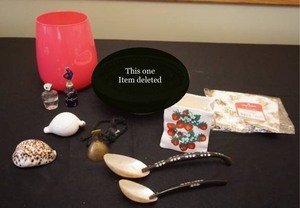 lot 27 image: Table Top Dresser Top DeCor  Mother Of Pearl Shell & Horn 2 piece Vintage Victorian serving Spoons. Vintage Perfume Bottle Iridescent Blue Blown Stopper Bohemian()...