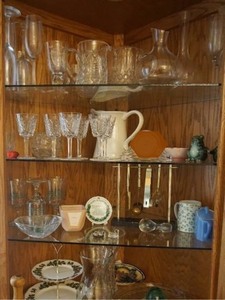lot 44 image: Contents of Curio Cabinet Including Murano Rosina Swarovski Crystal Figurine Kerry Glass Paperweight, Ireland, Vintage Rosina Fine Bone China Queens Yuletide Tiered Cake Platter AND MUCH MORE