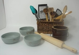 lot 19 image: Kitchen Essentials Wicker Basket Tool Caddy with Utensils, Artist Signed Bird-Themed Pottery Bowls...