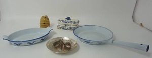 lot 24 image: Vintage Husqvarna Cast Iron Enamel Bluebird Cookware Sweden, Meissen Blue Onion Covered Butter Dish Etc.