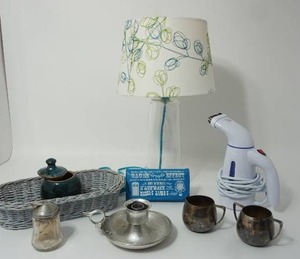 lot 29 image: Empire Crafts Silver-Plate Mid-Century Modern Coffee Creamer Sugar Set, Clothes Handheld Steamer Etc.