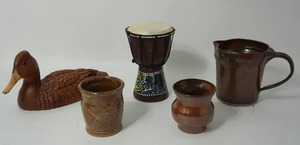 lot 46 image: Vintage Signed Pottery,  Aboriginal Dot Painted Elephant Mini Djembe Drum 8-Inches Tall, 1983 Canvasback Handcrafted Collectible Duck By Dr. J.C. Huber. No 115 Signature MFG Minneapolis MN.