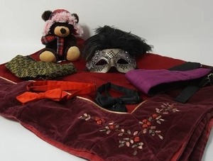 lot 56 image: Holiday DeCor...Burgundy Velvet Border Ribbon Embroidery Long TableclothTree Skirt Etc.