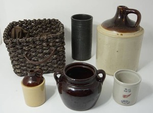 lot 69 image: Vintage Stoneware Including Commemorative 25 Red Wing Mini Crock, Zanesville Pottery Homespun Vase Vessel #4010 Medium Matte Black Etc.