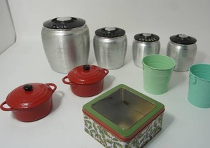 lot 95 image: Mid-Century Modern MCM Stainless Steel Canisters With Lids Etc.