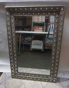 lot 143 image: Metal Ornate Antiqued Silver Framed Hanging Mirror
