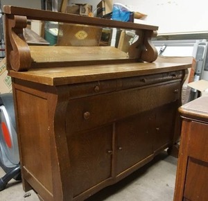 lot 156 image: Antique Quarter Sawn Oak Buffet wDrawers, Lower Cabinet Storage and Detached Beveled Mirror...