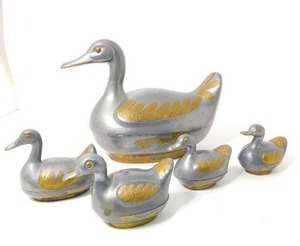 lot 1 image: Vintage 1970s Pewter Mother Duck and Ducklings Each wBrass Highlights and Storage Compartment...
