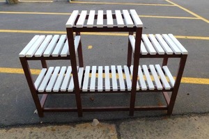 lot 7 image: IndoorOutdoor Plant Stand With White Boards & Rod Iron Base