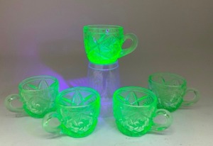 lot 36 image: URANIMUM...McKee Yutec Punch Cup Set Cut Glass Light Green Depression Glass...