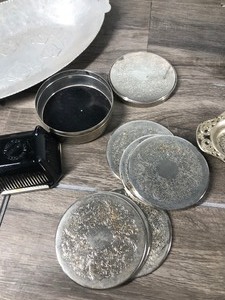 lot 74 image: Lot of Misc. items - Coasters, Ashtrays, Soap Dishes, Jewelry Box, Vintage Razor Holder, Lamp and Candle Hold