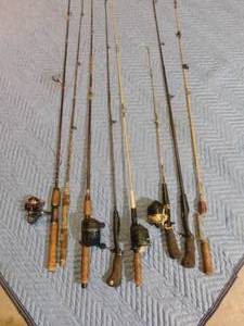 lot 198 image: 2 Steel and 5 other fishing rods and 4 reels