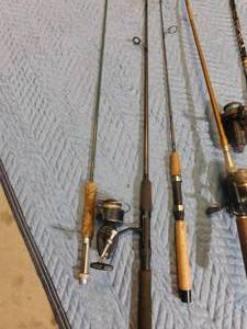 lot 200 image: 2 Steel and 6 other fishing rods and 5 reels