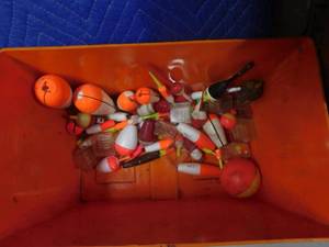 lot 206 image: Vintage wood box of fishing supplies