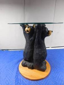 lot 212 image: Hand carved wood bear table with glass top and wood base